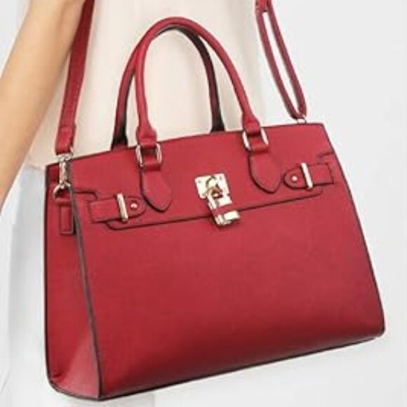 Neiman Marcus Dasein Women Red Vegan Leather Lock Style Top Handle Bag - Picture 3 of 4